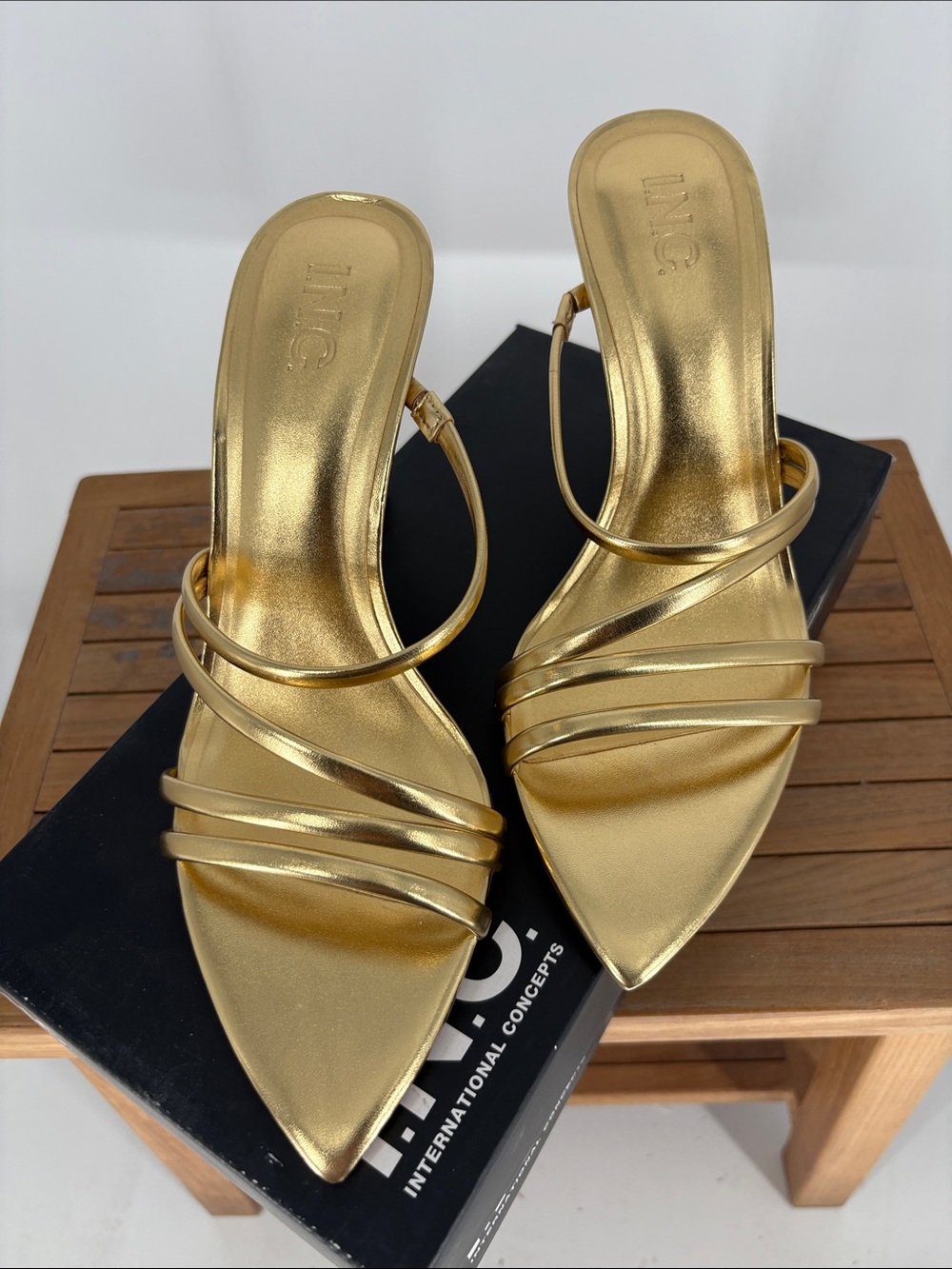 New INC International Concepts Metallic Gold Multi-Strap Pointed Mule Heels 10M - Picture 5 of 6